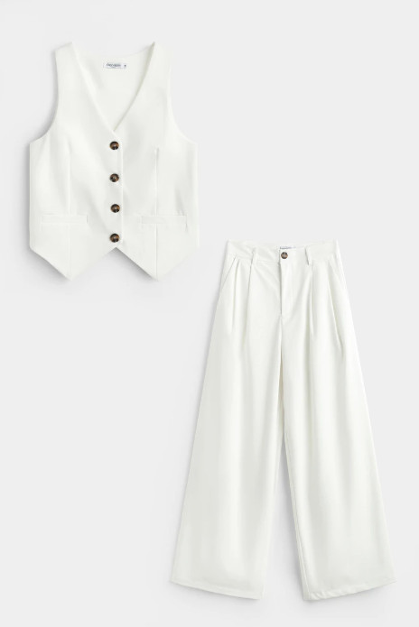 Conjunto de 2 piezas de chaleco de mezcla de lino semi formal para mujer y pantalón de pierna ancha