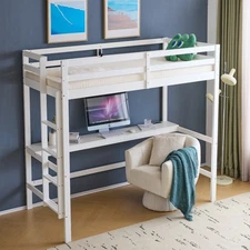 Wood Loft Bed Twin Size with RGB LED for Adults High Guardrail and Desk White