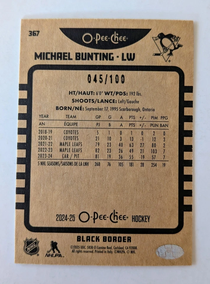 2024-25 O-Pee-Chee Hockey Retro Black Border /100 #367 Michael Bunting Peguins  - Image 2 of 2