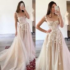 Champagne Wedding Dresses With Train Sleeveless Lace A Line Corset Bridal Gowns