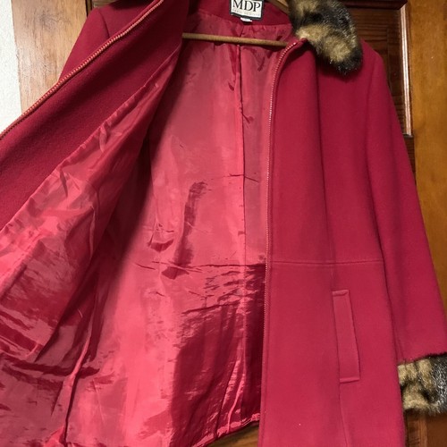 Vtg Red Wool Coat L Faux Fur Zip Collared Lined USA Waist Length Glam Retro 90s - Picture 7 of 13