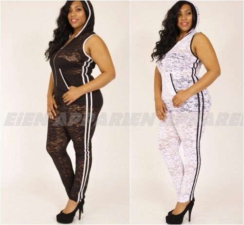 PLUS FRONT ZIP SIDE POCKETS & STRIPES HOODED SEXY BLACK JUMPSUIT ROMPER 1X 2X 3X - Picture 1 of 9