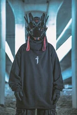 Niepce Streetwear Black Techwear Hoodie Cyberpunk Sweatshirt with Neck Gaiter
