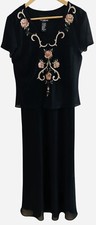 VTG Positive Attitude Black Lined Midi Dress Floral Embroidery Beaded Sh/Slv -8-