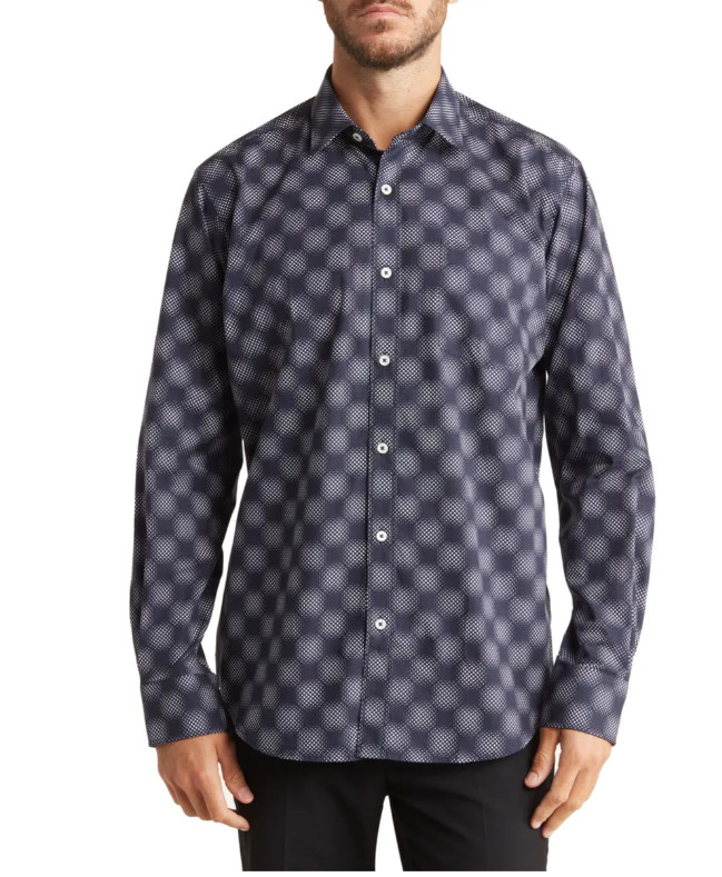 NWT$179 Мужская хлопковая рубашка на пуговицах с абстрактным принтом Bugatchi классического покроя, синяя