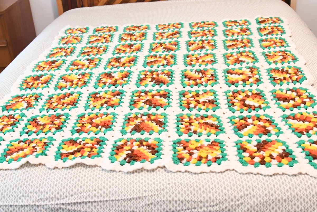 Vintage Crochet Granny Square Lap Blanket White Green Brown Orange