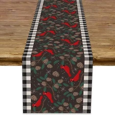 Linen Red Birds Christmas Table RunnerWhite and Black Buffalo Checktable Runn...