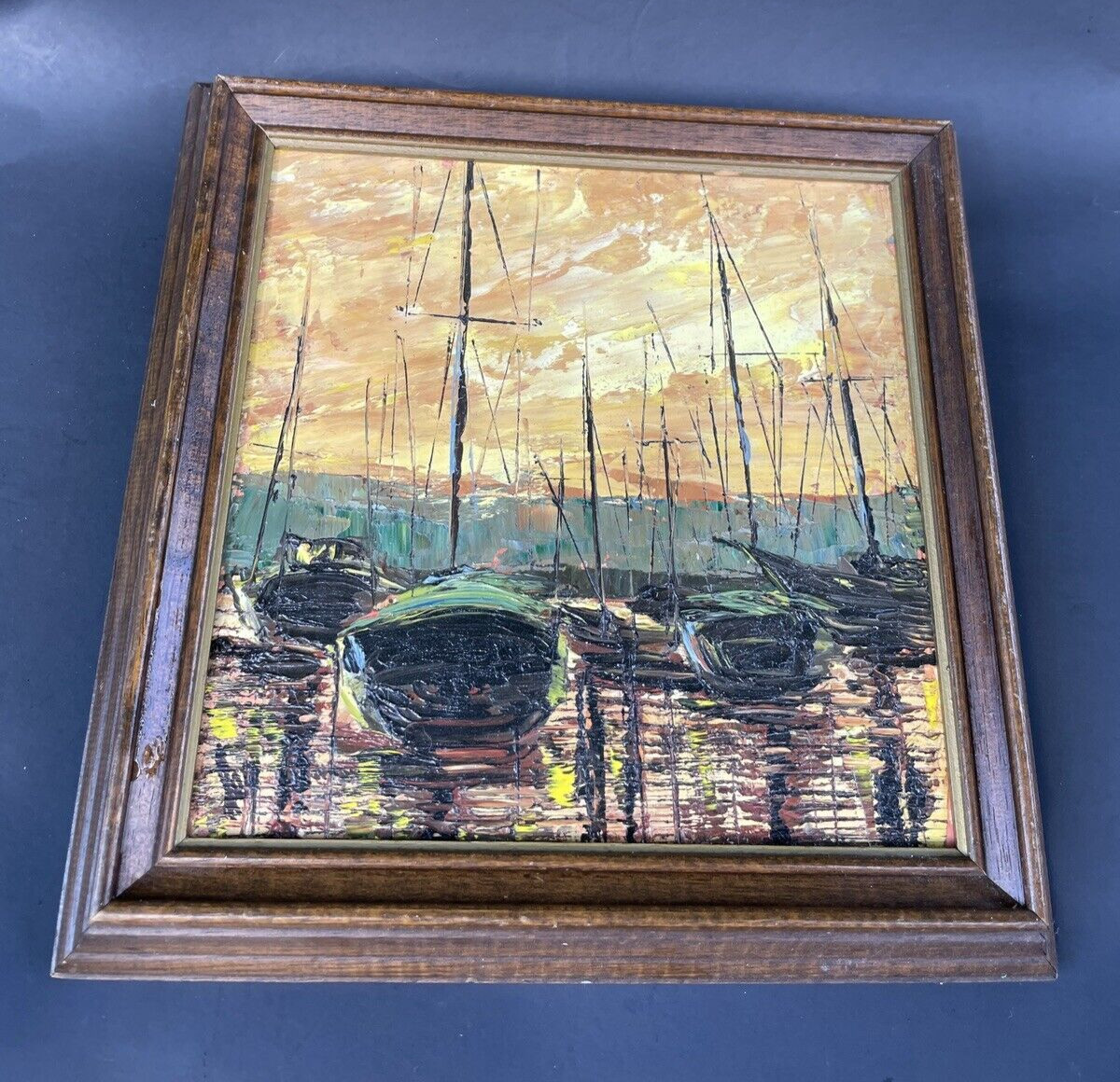 Vintage Lee Barth Harbour Scene Canvas 10×10 in. Framed Painting