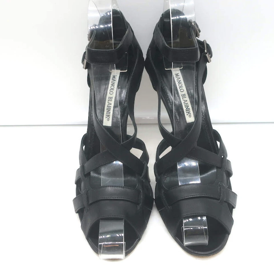 Manolo Blahnik Buckled Strappy Sandals Black Leather Size 36.5 Open Toe Heels - Image 3 of 4