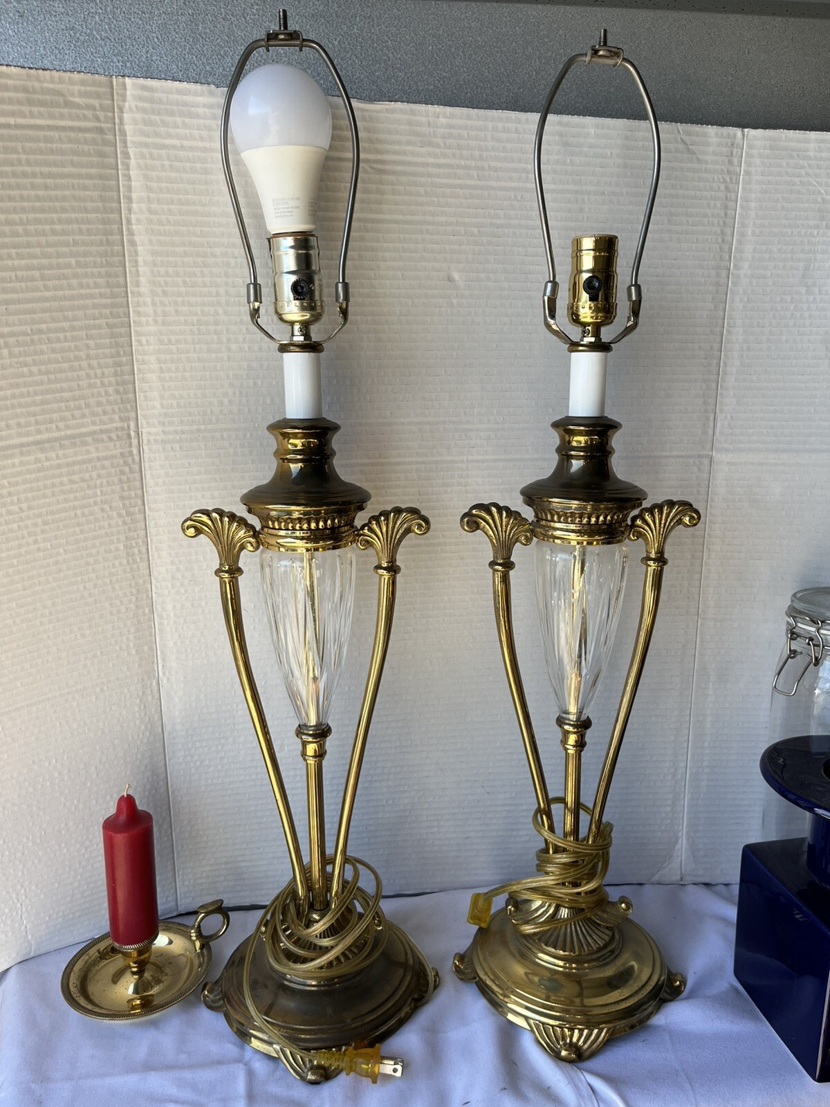 Table Lamp Brass & Crystal Glass Lamp Antique Style Cut Glass Tested Vintage-image