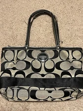 Coach Signature Gray Black Canvas Shoulder Tote Purse Handbag Stripe