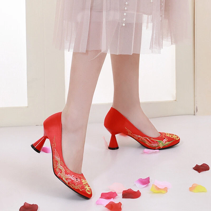 Retro Round Toe Xiuhe High Heels Shoes Embroidered Chinese Bride