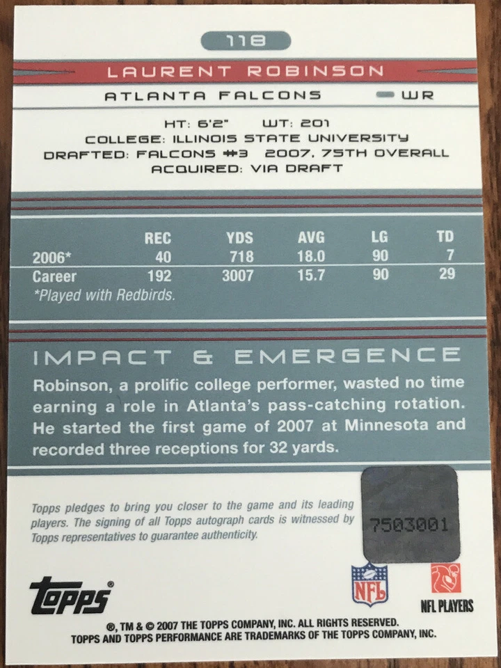 2007 Topps Performance Rookie Autographs Laurent Robinson #118 Atlanta Falcons - Image 2 of 2