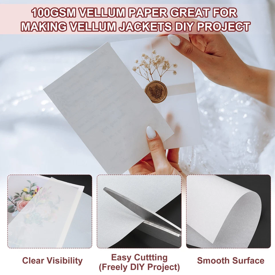 150 Sheets Vellum Paper 4.25x5.5, Vellum Paper Printable 100GSM, Gold Tone Foto 3 de 4