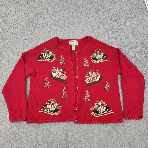 Heirloom Collectibles Cardigan Sweater Womens XL VTG Red Christmas Sleighs