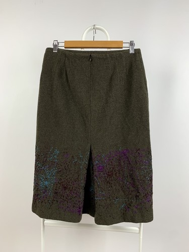 Dries Van Noten, Women's Vintage Dries Van Noten Embroidered Floral Wool Midi Skirt Size 40