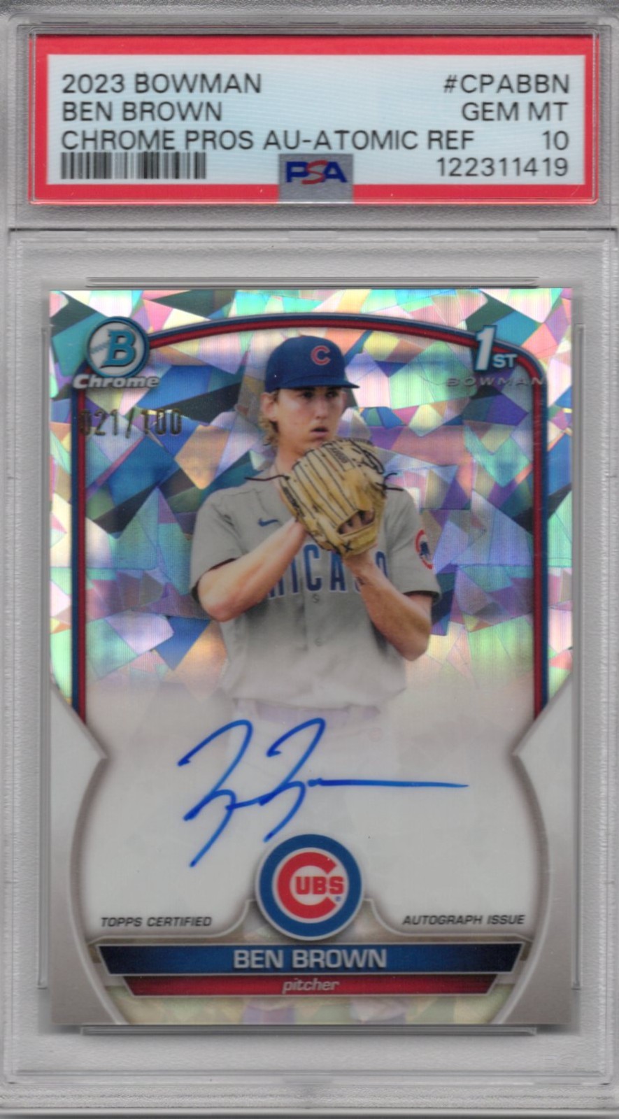 BEN BROWN 2023 Bowman Chrome 1st Auto ATOMIC Refractor /100 PSA 10 GEM MT
