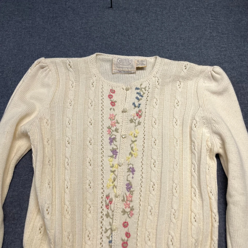 Cárdigan para mujer Susan Bristol talla L tejido con cable crema 1987 bordado a mano Foto 2 de 4