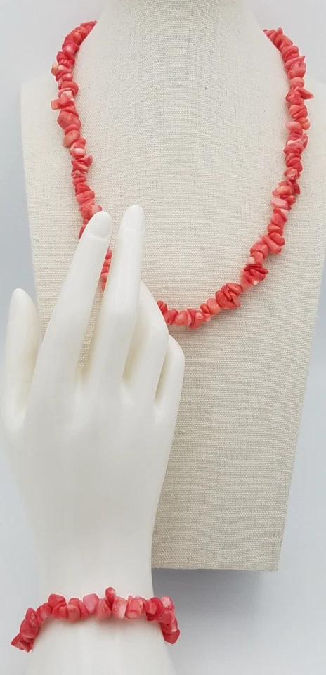 Juego de pulsera elástica vintage de 20 pulgadas y collar coral rosa salmón Foto 2 de 4