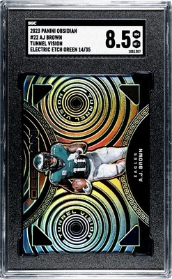 2023 SB Champ AJ Brown Obsidian Tunnel Vision Holo, SSP #14/35, SGC Grade (8.5)