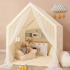 Kids Tent Beige Play Tent with Long Mesh Curtain Large Playhouse for Indoor Outd