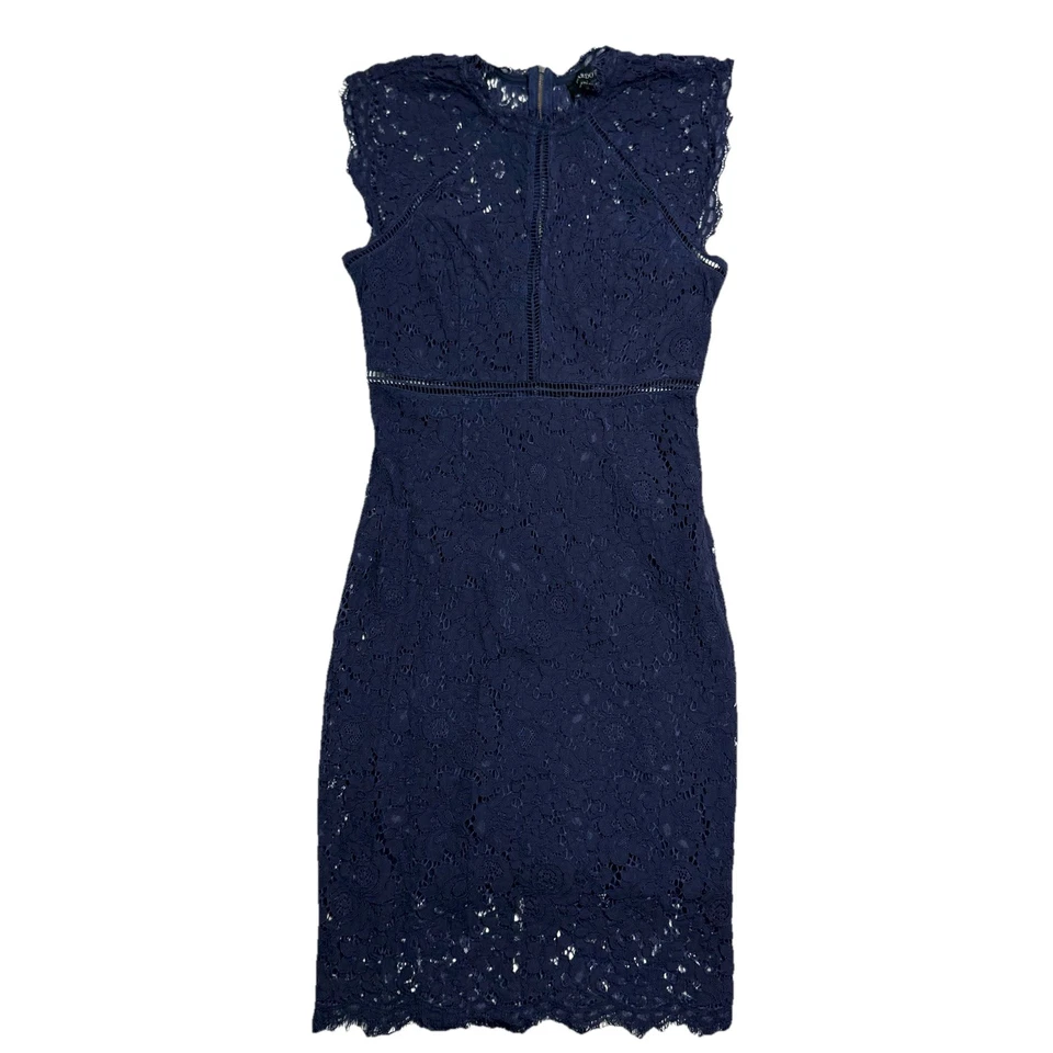 Bardot Lace Panel Sheath Dress Navy Blue Mini Cap-Sleeve Size S US 4 Zip Cutouts - Image 3 of 4