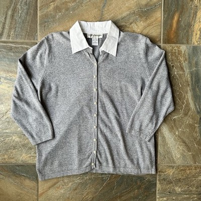 Cathy Daniels Gray Heather Button Front Cardigan White Collar Cotton Sz Medium
