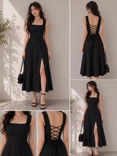 ASTR the Label Crinkle Maxi Dress Women Size Medium NWT Lace Up Back Leg SLit