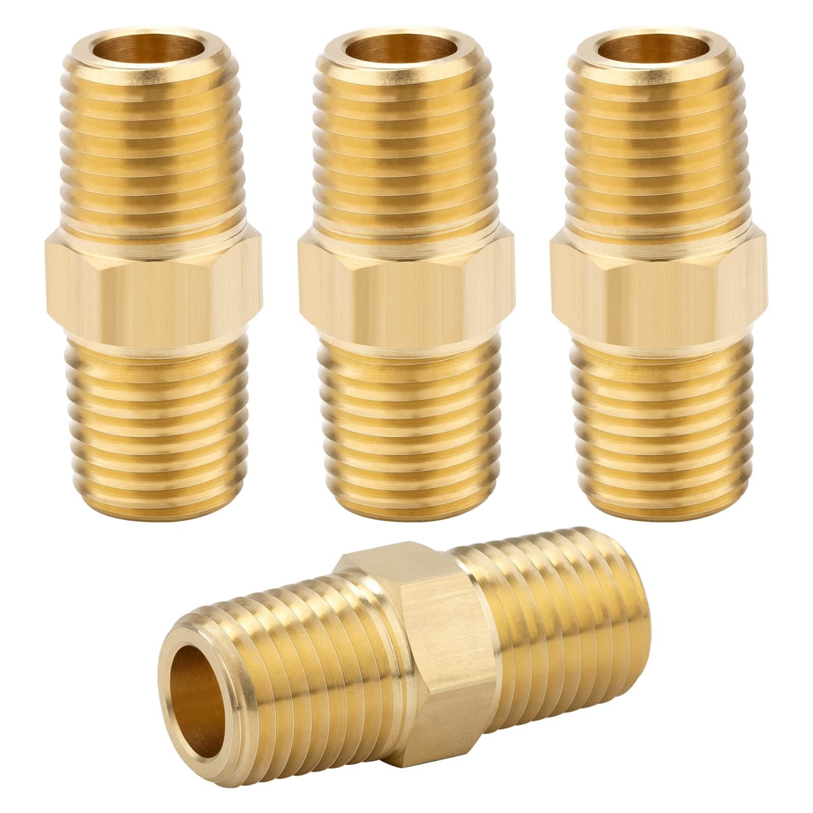 4 Pack 1/4 NPT Male x Male Brass Hex Pipe Nipple Fittings 1200 PSI