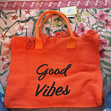 Orange Good Vibes Large Tote Bag w/ Fringe Tr...