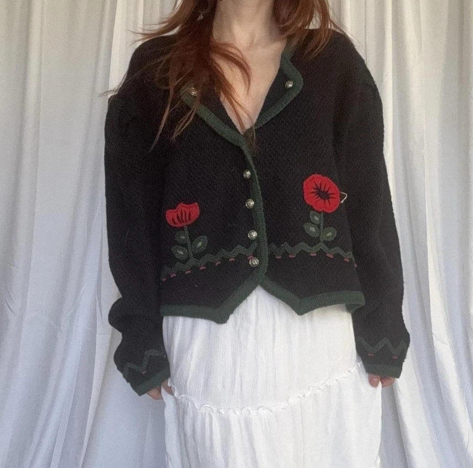 Vintage Austria Wool Navy Blue Embroidered Cardigan Sweater - Image 2 of 4