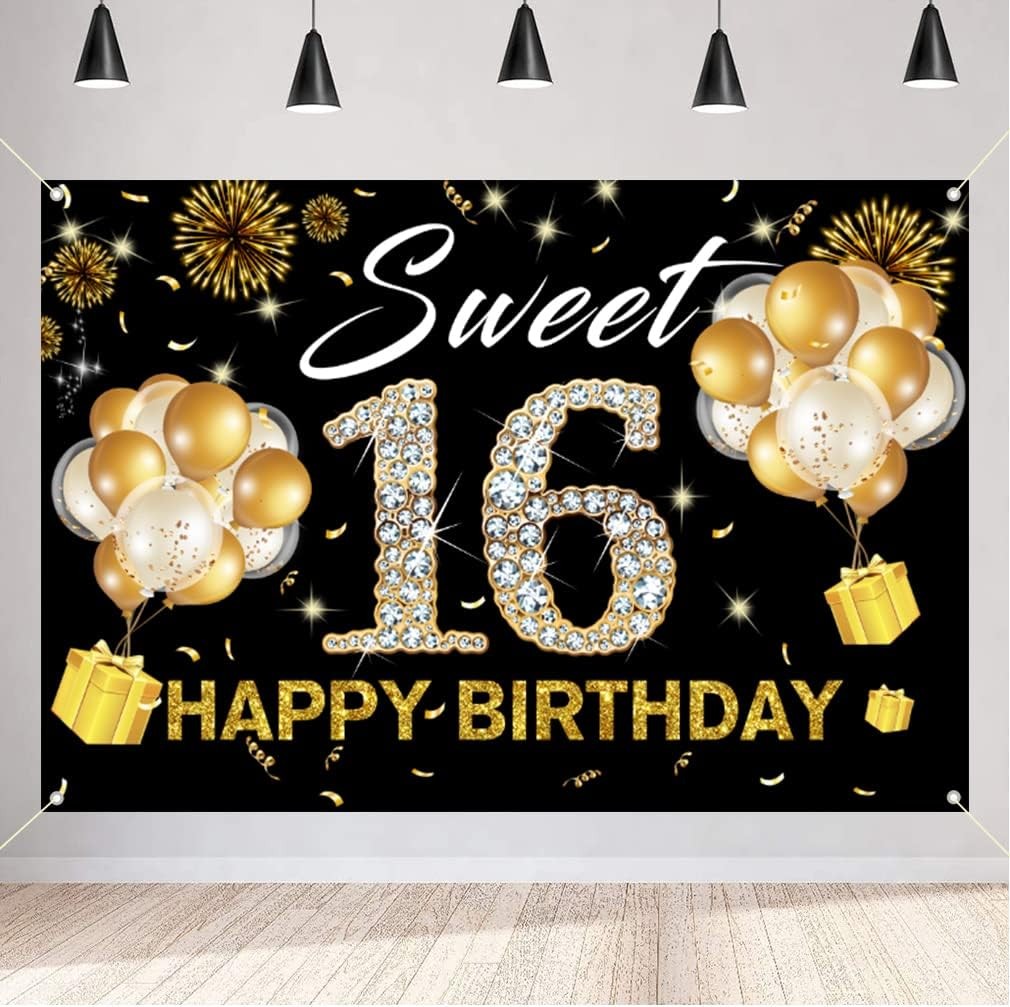Happy 16th Birthday Backdrop Banner for Girl Sweet 16 Fabric Sign Poster Party