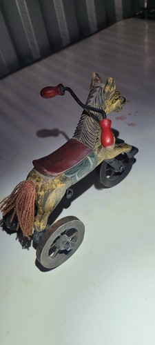 Handmade Wooden Horse On Wooden Wheels Tricycle Doll Furniture 5" tall
