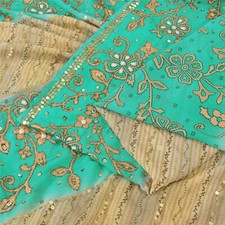 Sanskriti Vintage Green/Cream Sarees Georgette Hand Beaded Sari 6Yd Craft Fabric