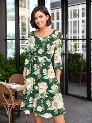 Bon Apple Tea Women's Three Quarter Sleeve Dress with Pockets