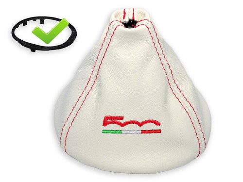 Soufflet De Levier De Vitesse En Cuir Ivoire Brodé '500' Noir Pour Fiat 500 - Maniol