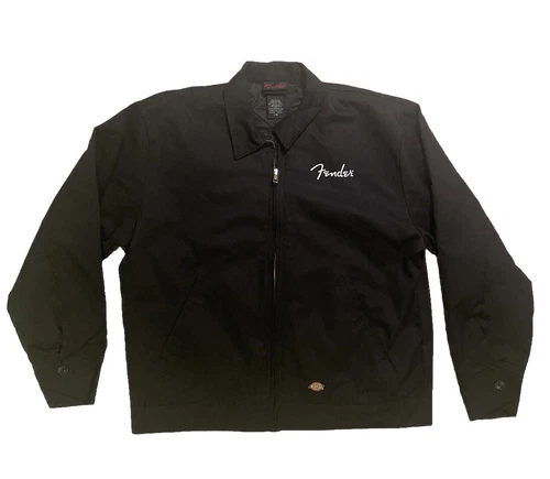 Dickies Detroit Style Fender Guitar Logo Jacket Black Mechanic Workwear Mens L