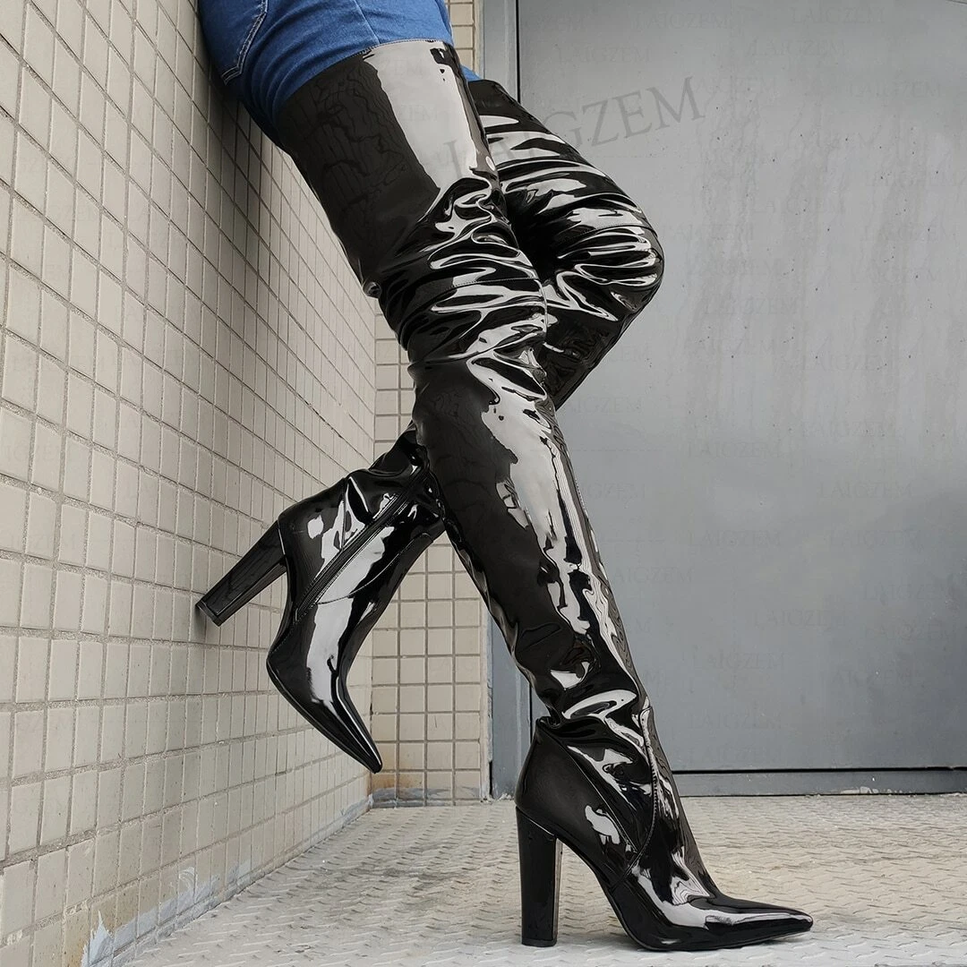 Women Crotch High Boots Pointed Toe Side Zip Thick Block Heels