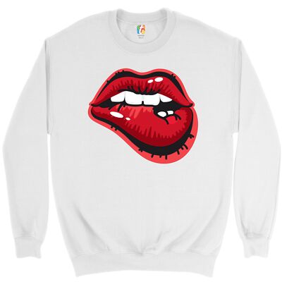 Naughty Biting Lips Sweatshirt Hot Luscious Sexy Red Lips Crewneck