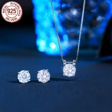 925 Silver Round Pendant Necklace Stud Earrings CZ Women Fashion Top Jewelry Set
