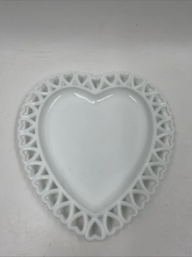 Vintage Westmoreland White Milk Glass Heart Shaped Dish Lace Edge Rare