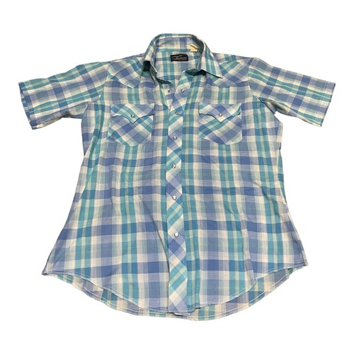 Champion Westerns Vintage Cowboy Shirt Blue And White Plaid Pearl Snap Medium