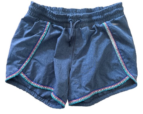 ATHLETA Girl Cannonball Swim Shorts Sz L 12 Gray w/ Colorful Trim stitching EXC