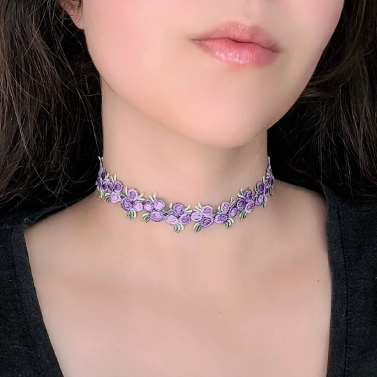 Purple Lace Choker Floral Embroidered Flower Necklace Fairycore