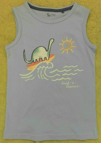 *NEW* Tu x3pk 1-1.5yrs blue 100% cotton dinosaur/striped sleeveless vests unisex - Picture 3 of 11