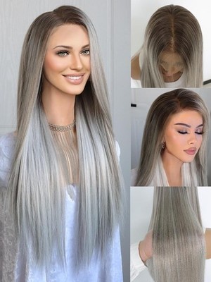 HD Lace Front Wig Human Hair Blend Highlights Long Straight Ash Grey