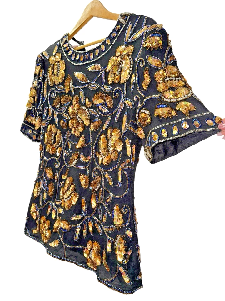 Top de Colección Laurence Kazar MUJER PEQUEÑO USADO Negro/Dorado Seda Cuentas a Mano/Lentejuelas Foto 2 de 4
