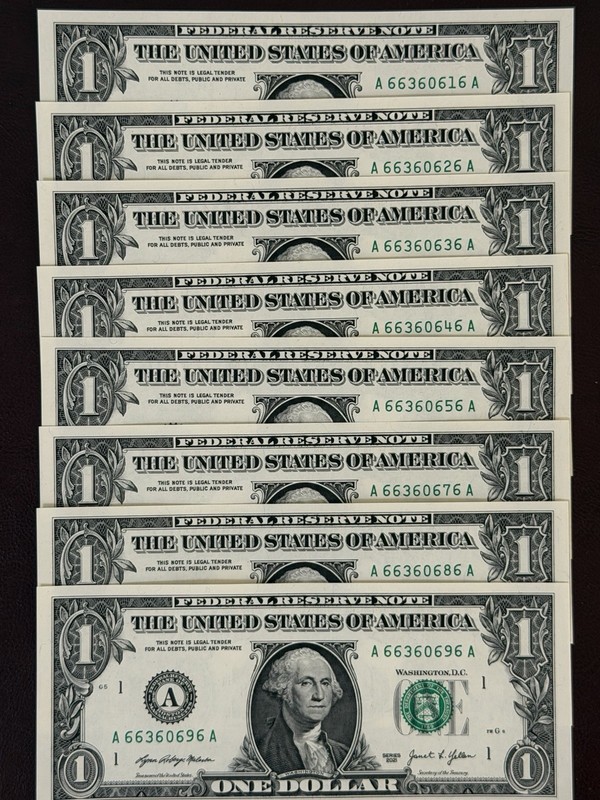 Lot of 8, UNC, Alternator, Repeater 6's, $1 One Dollar Bill, Fancy Serial Number