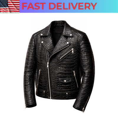 Mens Leather Crocodile Embossed Jacket Biker Black Alligator Jacket LIMITED SALE