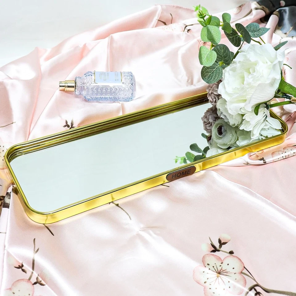 Mirror Bathroom Vanity Tray,Makeup Trays Durable Decorative Organizer,Gold Pe... - Image 4 of 4